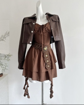 Slim retro coat pinched waist dress a set for women