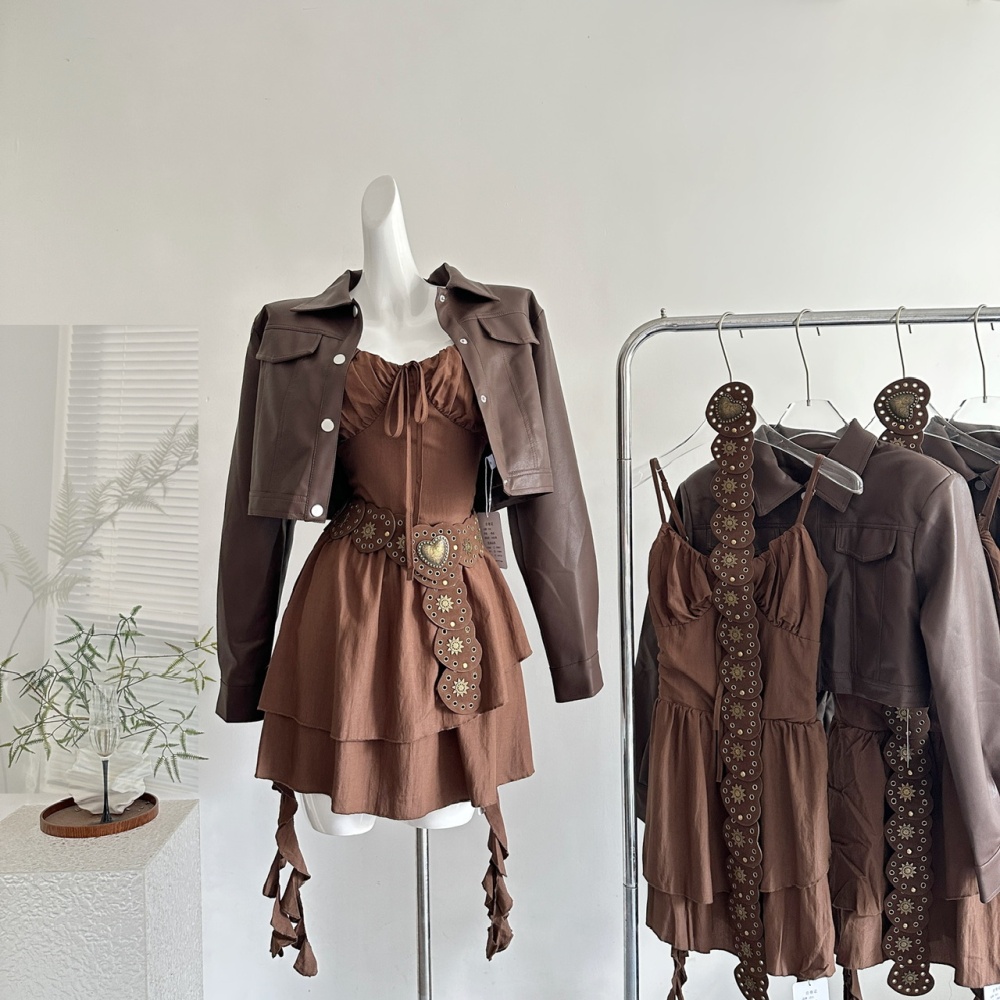 Slim retro coat pinched waist dress a set for women