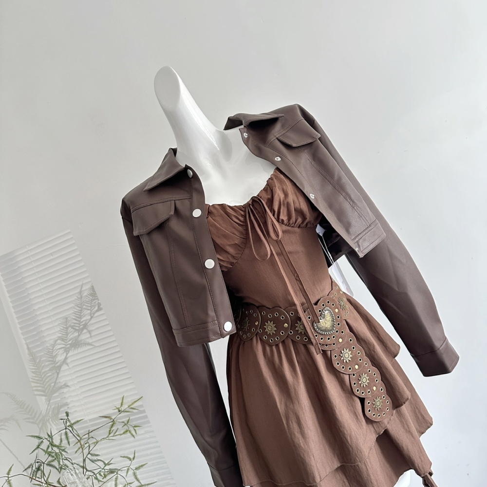 Slim retro coat pinched waist dress a set for women
