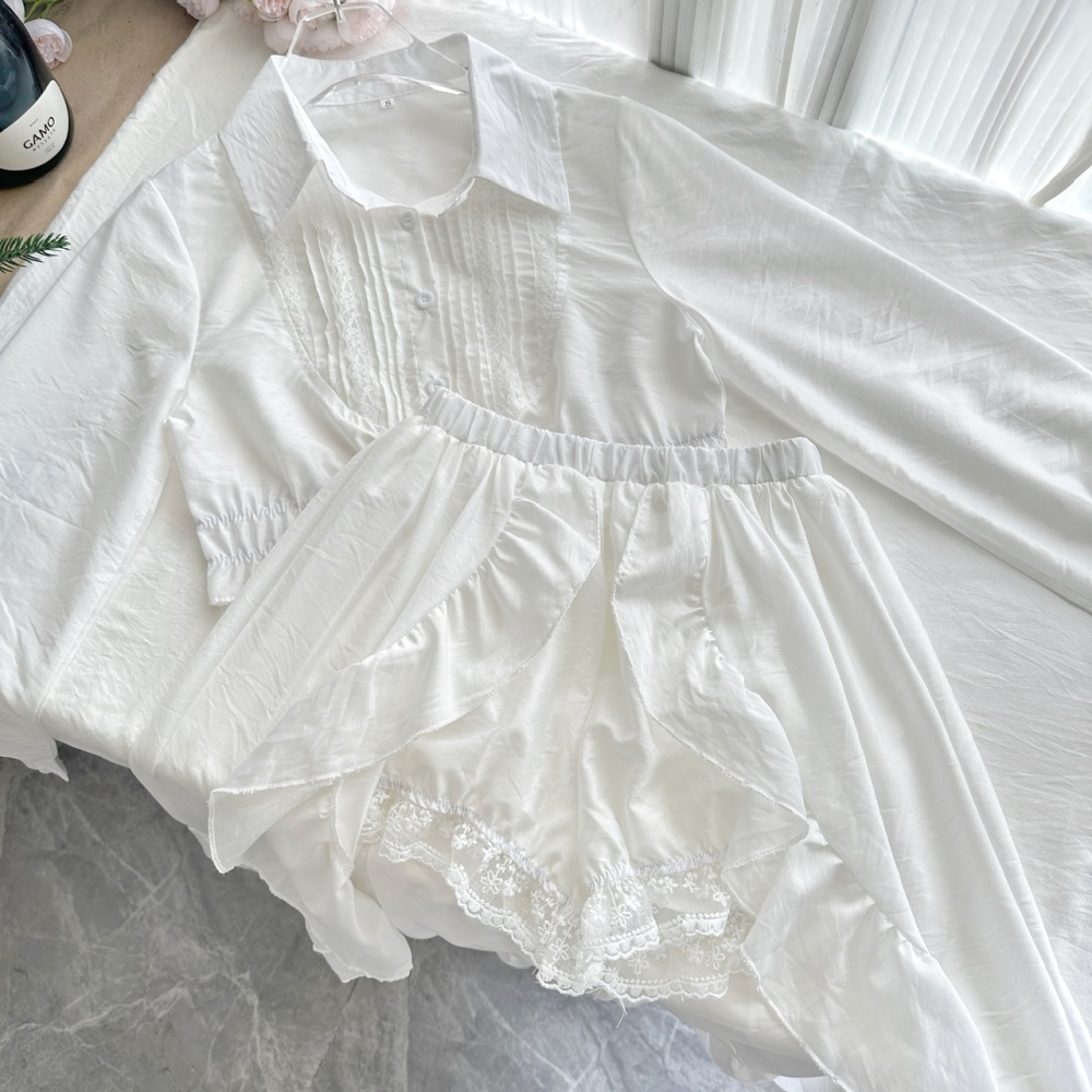 Temperament lace short skirt skirt hem maiden shirt a set