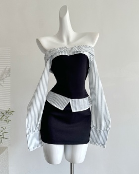 Slim mixed colors short skirt splice autumn tops a set