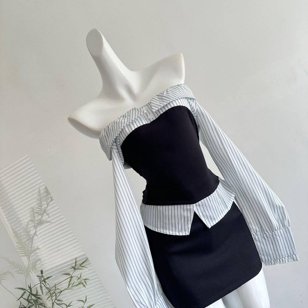 Slim mixed colors short skirt splice autumn tops a set
