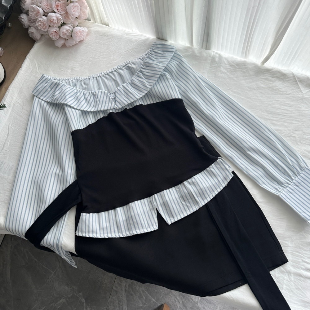Slim mixed colors short skirt splice autumn tops a set