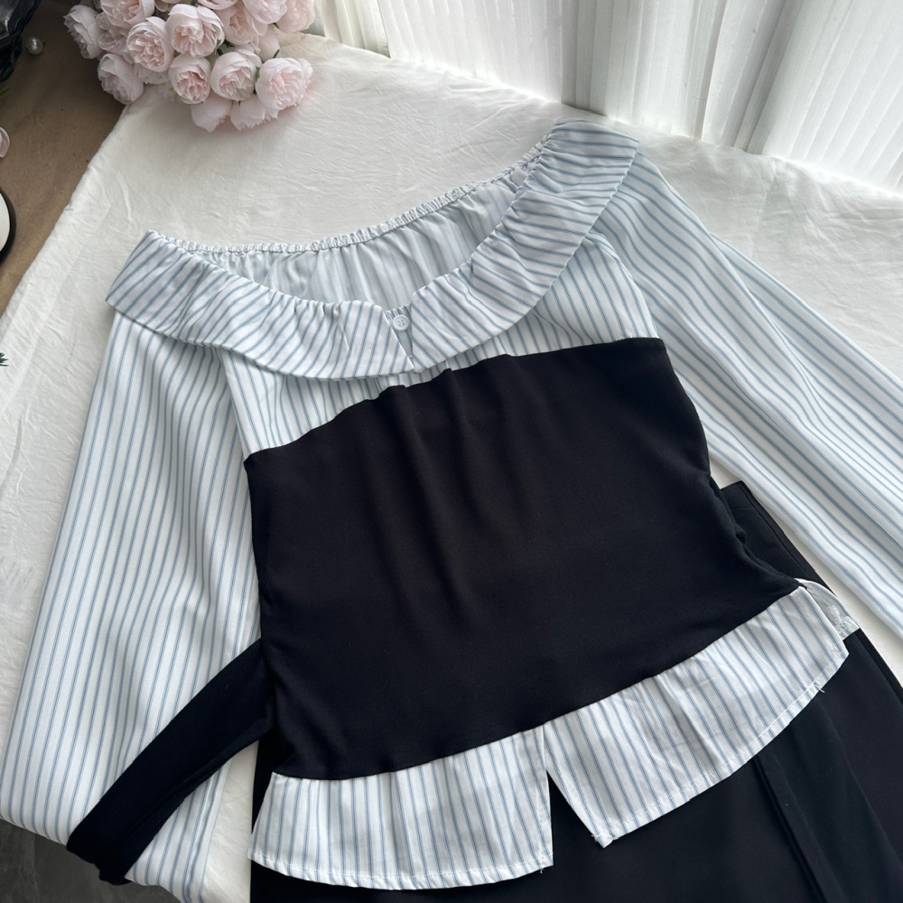 Slim mixed colors short skirt splice autumn tops a set