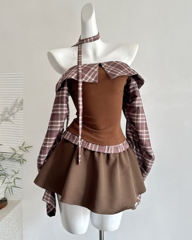 Plaid long sleeve T-shirt slim Korean style tops for women