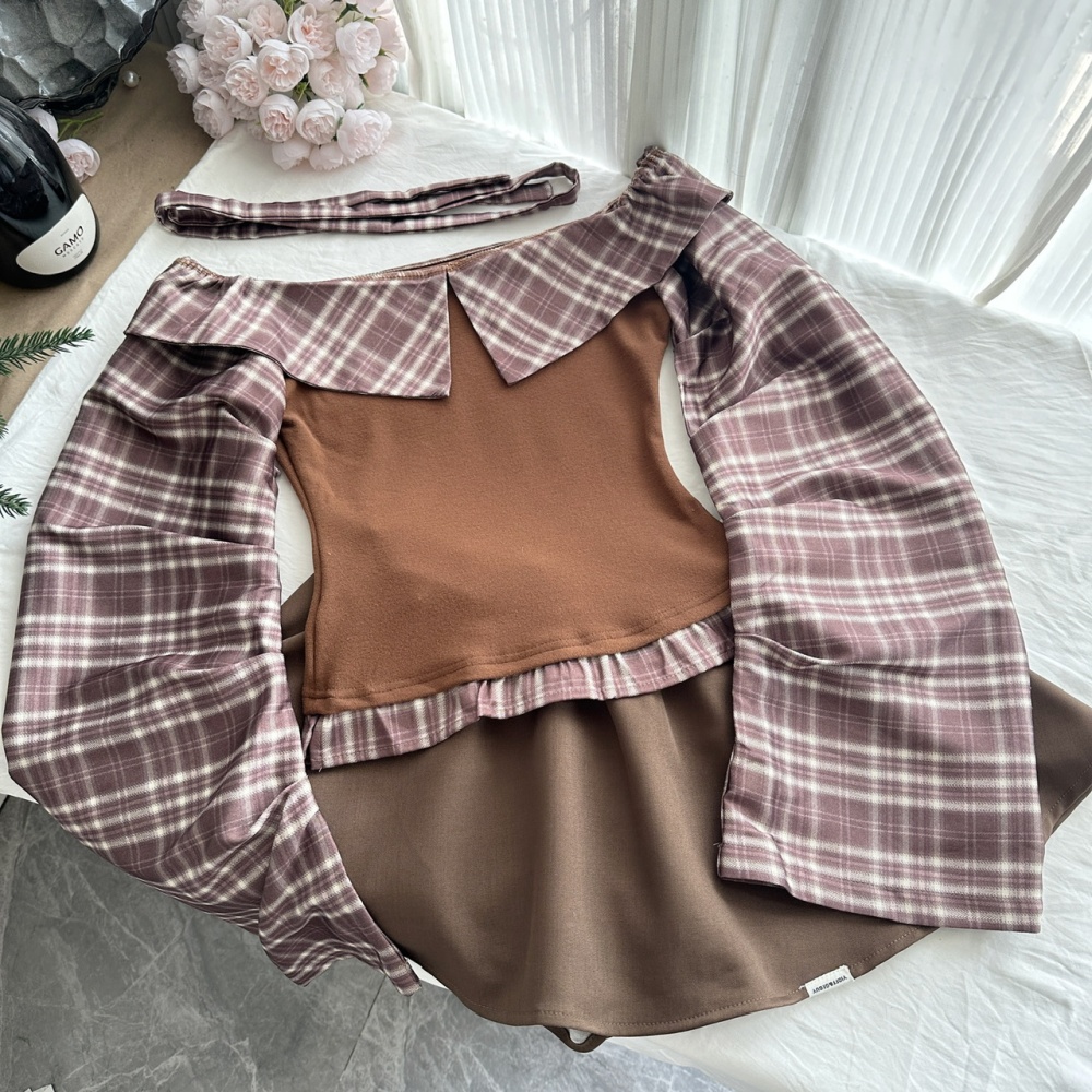 Plaid long sleeve T-shirt slim Korean style tops for women