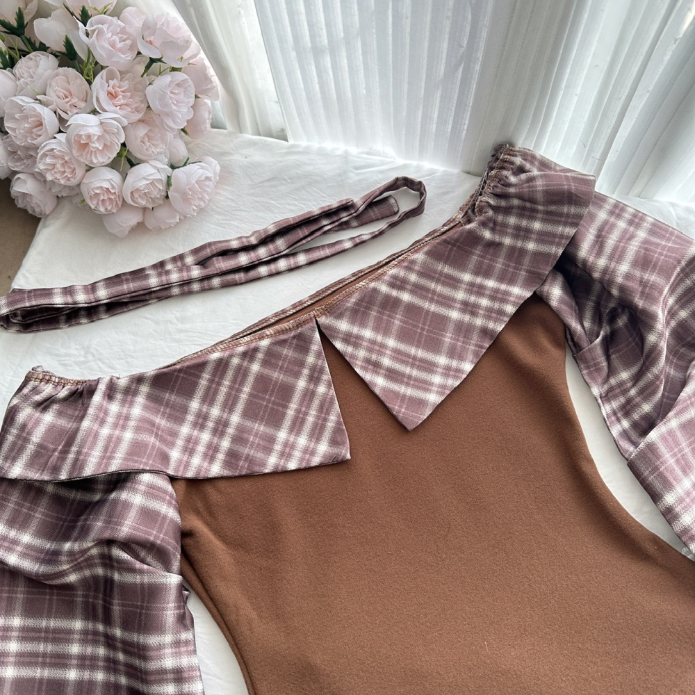 Plaid long sleeve T-shirt slim Korean style tops for women