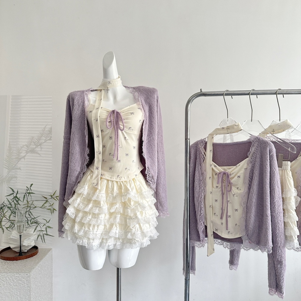 Floral enticement tops autumn sling short skirt 3pcs set