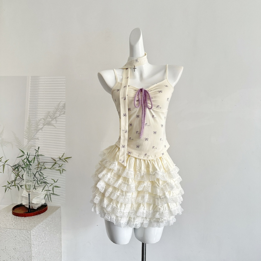 Floral enticement tops autumn sling short skirt 3pcs set