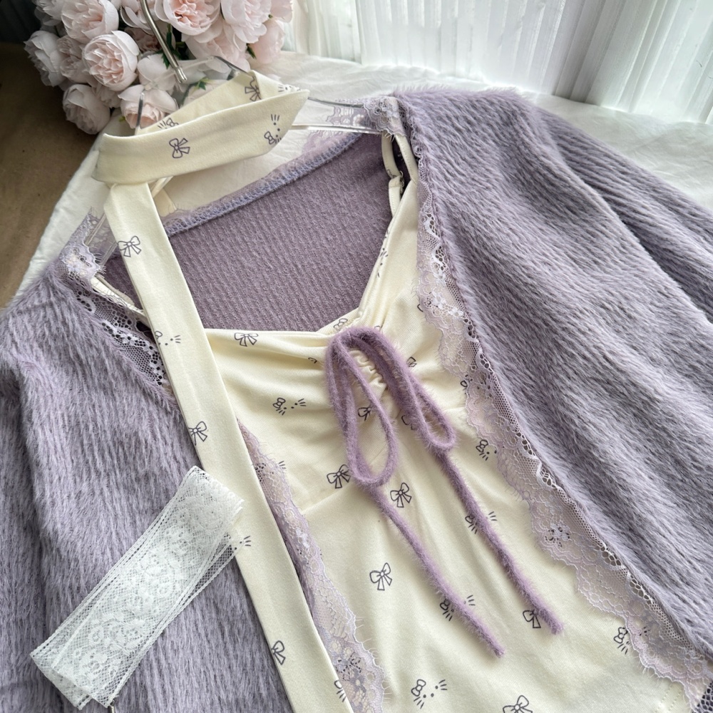 Floral enticement tops autumn sling short skirt 3pcs set