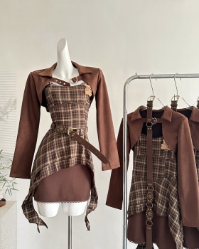 Sling retro plaid dress autumn short jacket a set