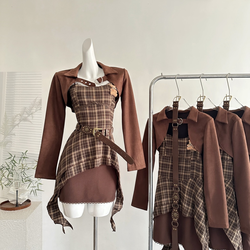 Sling retro plaid dress autumn short jacket a set