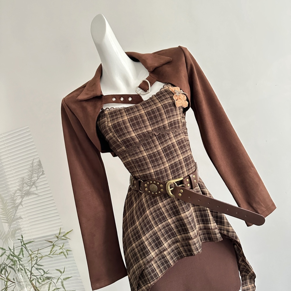 Sling retro plaid dress autumn short jacket a set