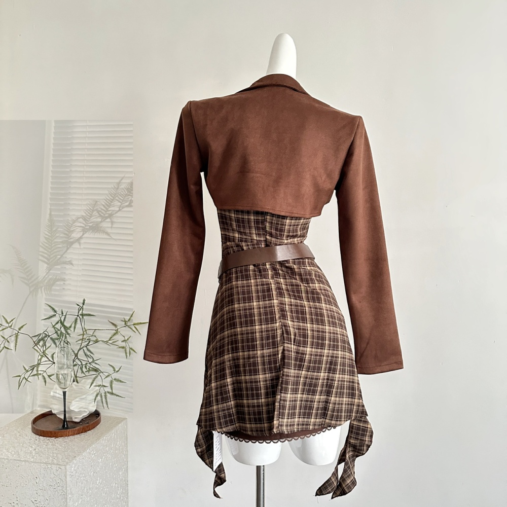 Sling retro plaid dress autumn short jacket a set