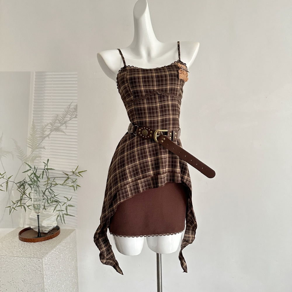 Sling retro plaid dress autumn short jacket a set