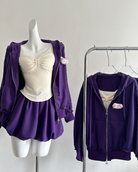 Niche little devil short skirt inside the ride coat 3pcs set