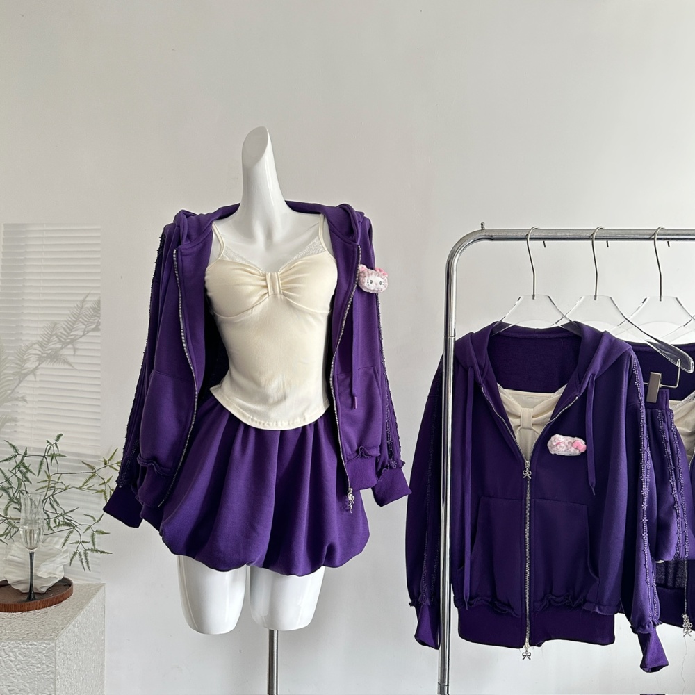 Niche little devil short skirt inside the ride coat 3pcs set