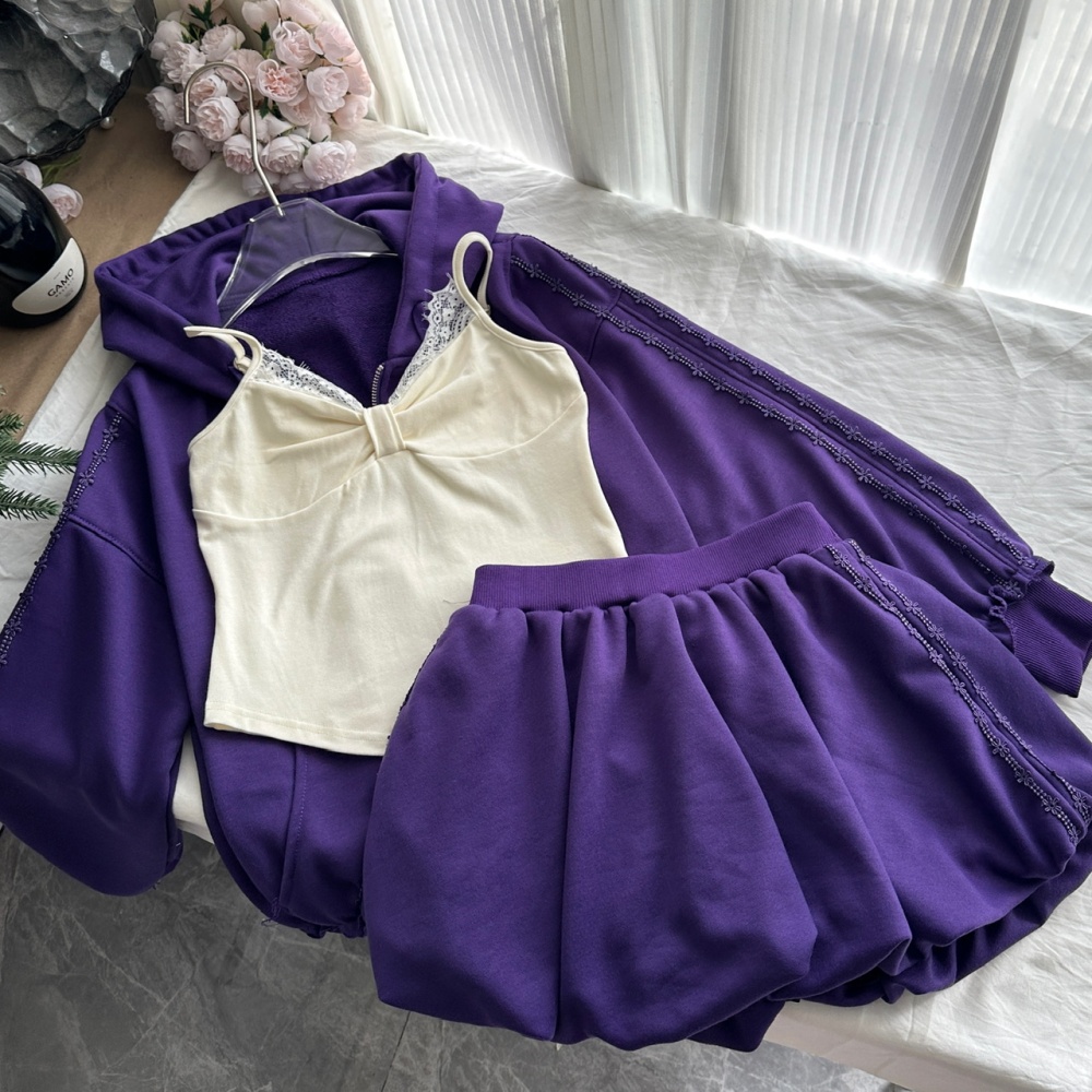 Niche little devil short skirt inside the ride coat 3pcs set