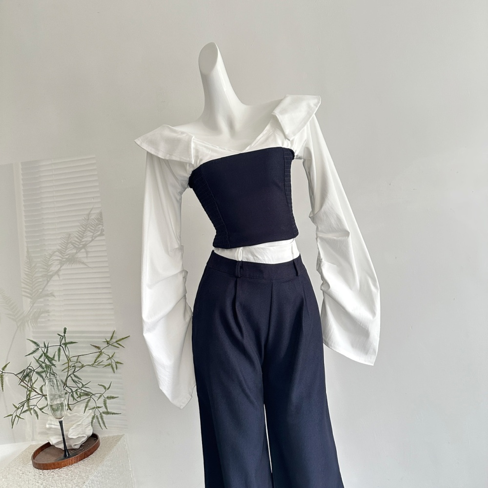 Straight Casual slim shirt white lazy long pants a set
