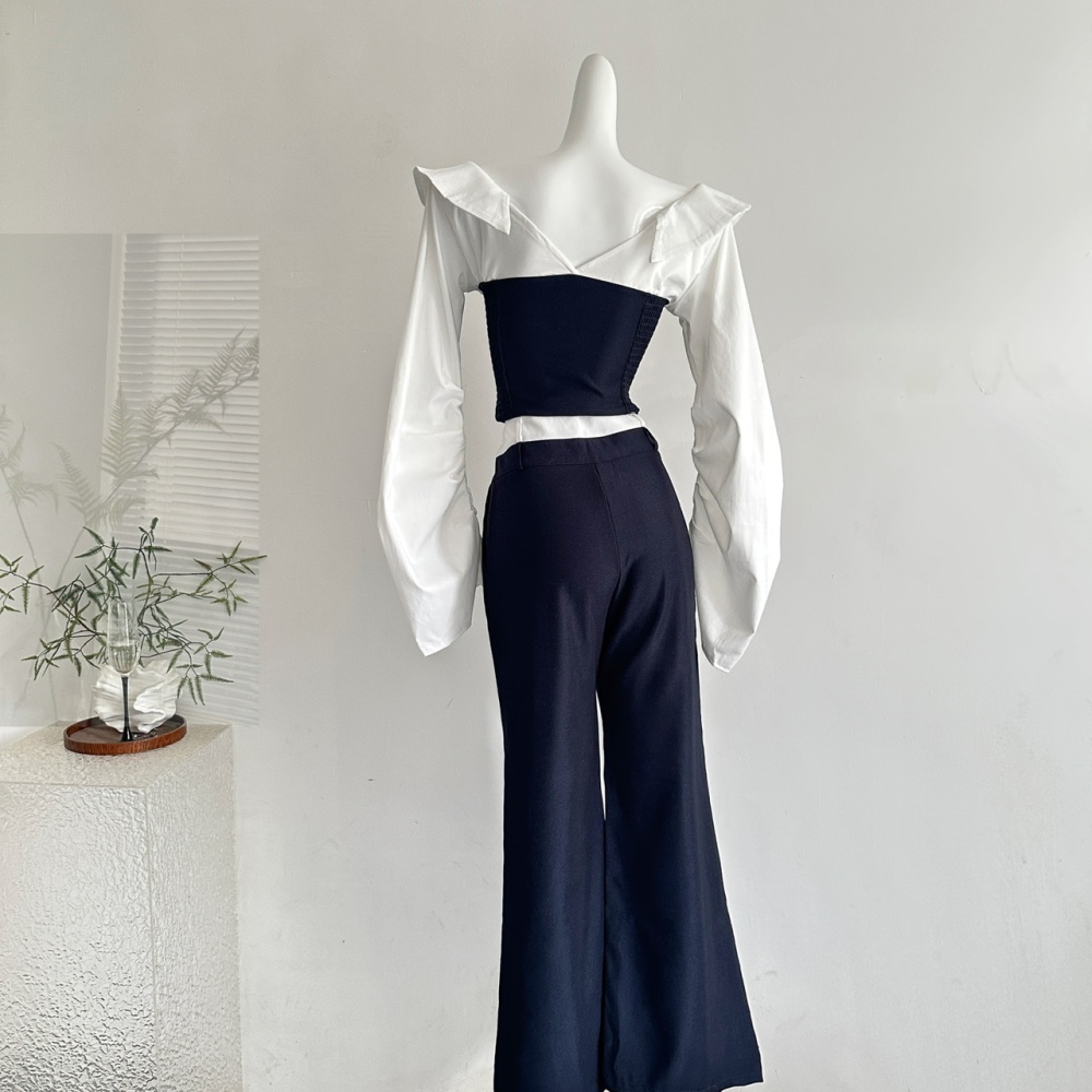 Straight Casual slim shirt white lazy long pants a set