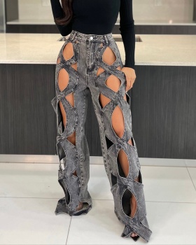 Hollow personality big straight twist jeans for women