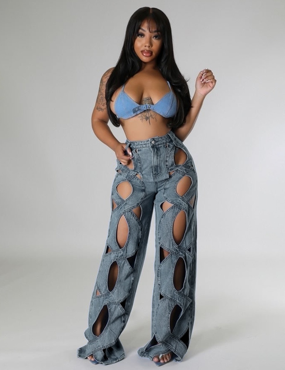Hollow personality big straight twist jeans for women