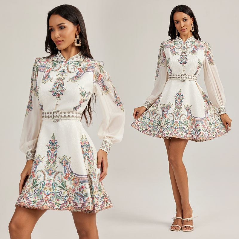 Printing long sleeve jacquard court style dress
