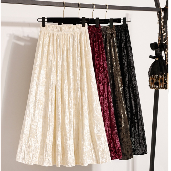 All-match velvet autumn and winter slim fold long skirt