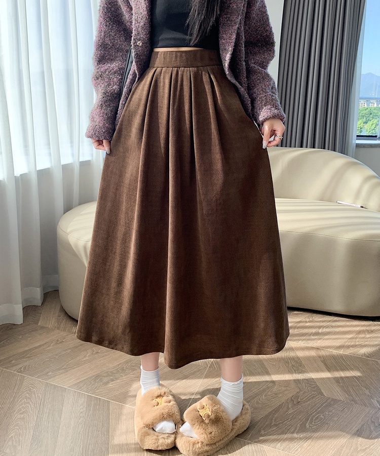 Autumn pleated long dress high waist corduroy skirt