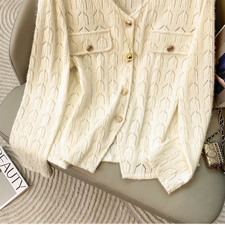 Unique knitted hollow cardigan V-neck niche split tops