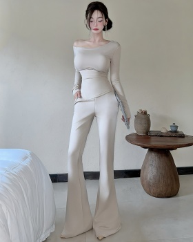 Pinched waist long pants fold tops 2pcs set for women