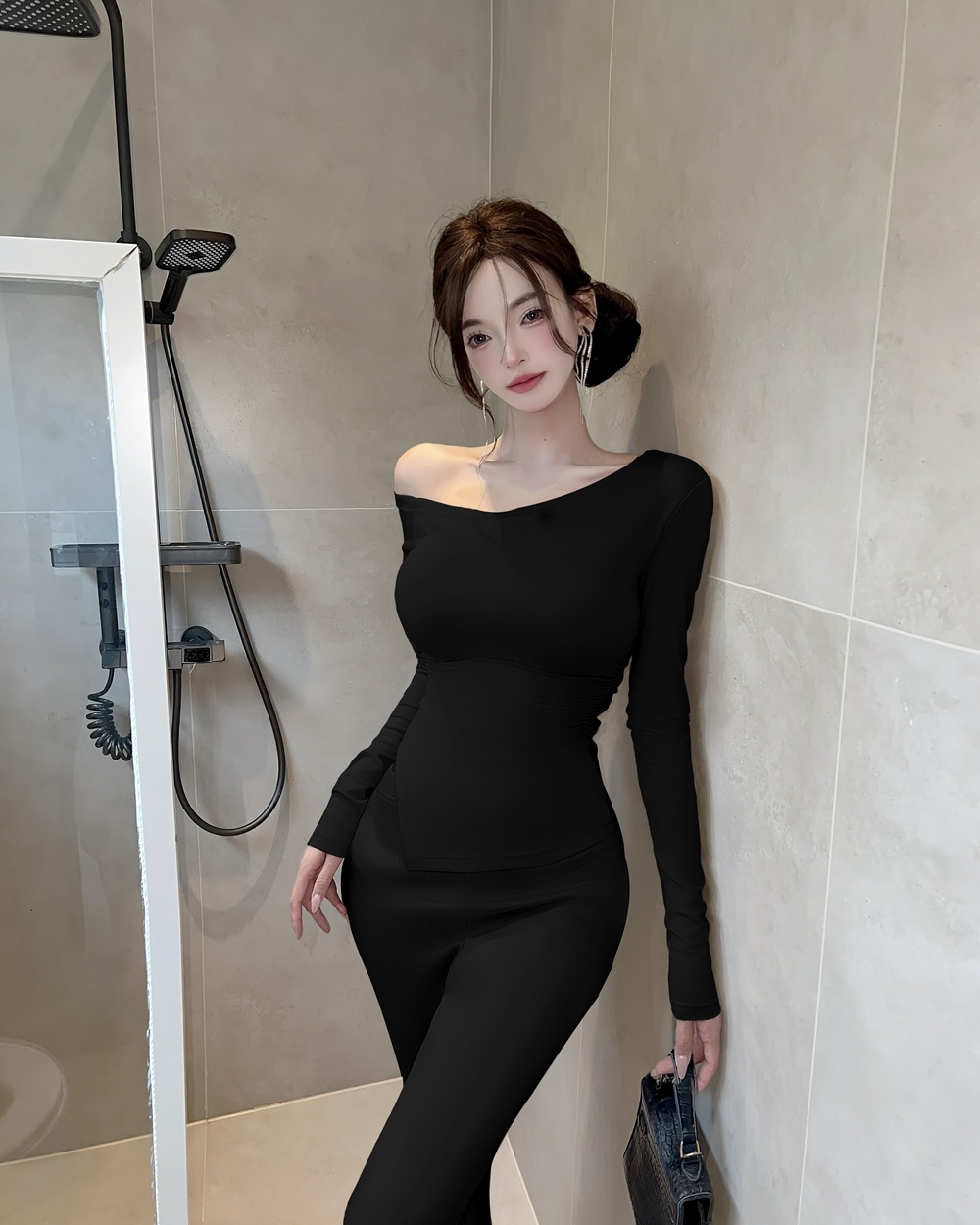 Pinched waist long pants fold tops 2pcs set for women