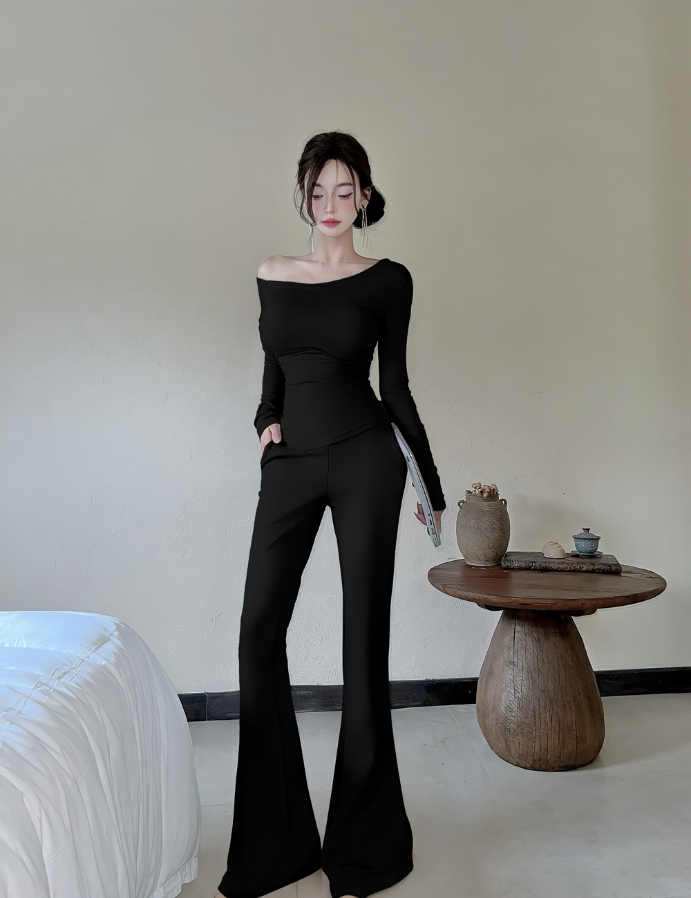 Pinched waist long pants fold tops 2pcs set for women