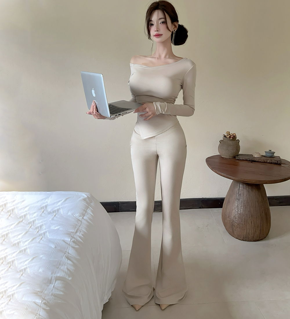 Pinched waist long pants fold tops 2pcs set for women