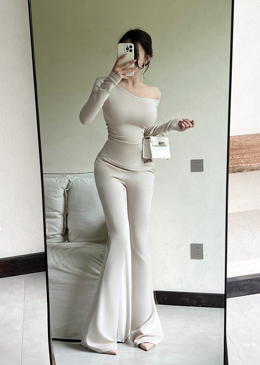 Pinched waist long pants fold tops 2pcs set for women
