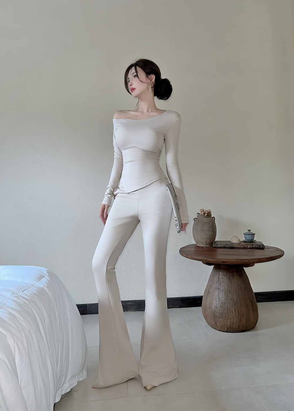 Pinched waist long pants fold tops 2pcs set for women