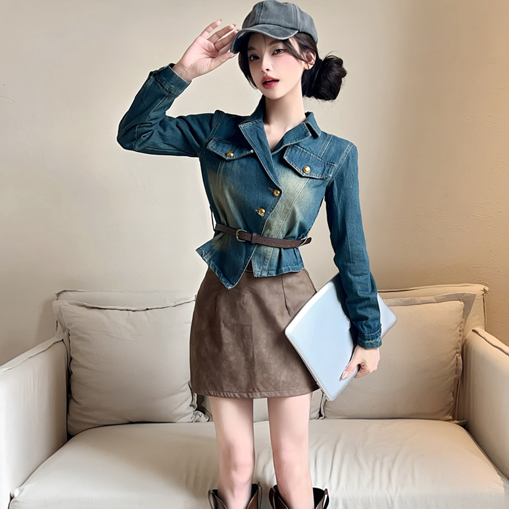 Denim lapel leather skirt gradient retro shirt a set