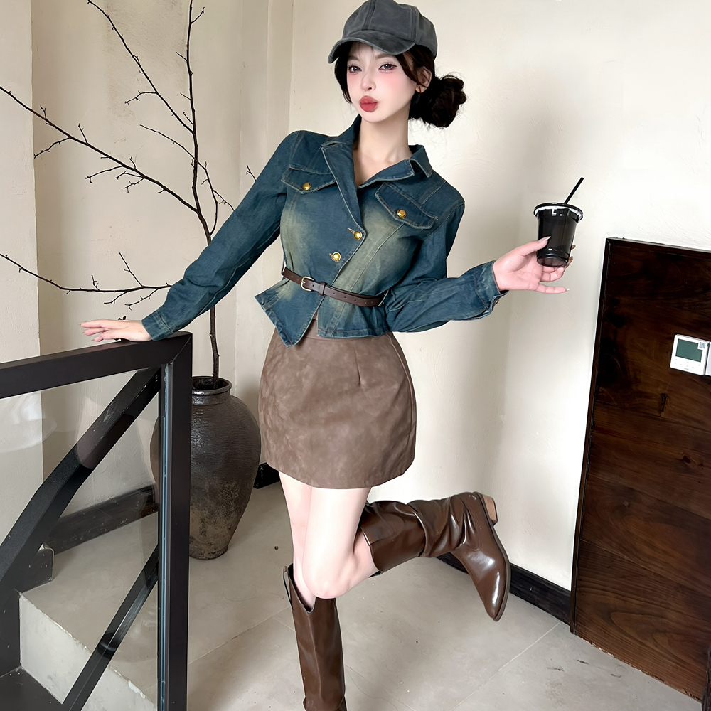 Denim lapel leather skirt gradient retro shirt a set