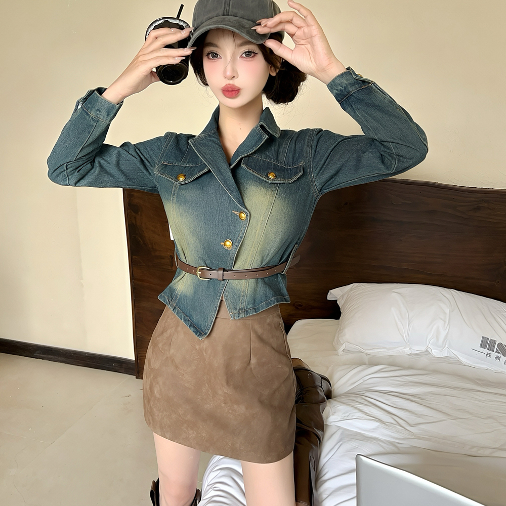 Denim lapel leather skirt gradient retro shirt a set