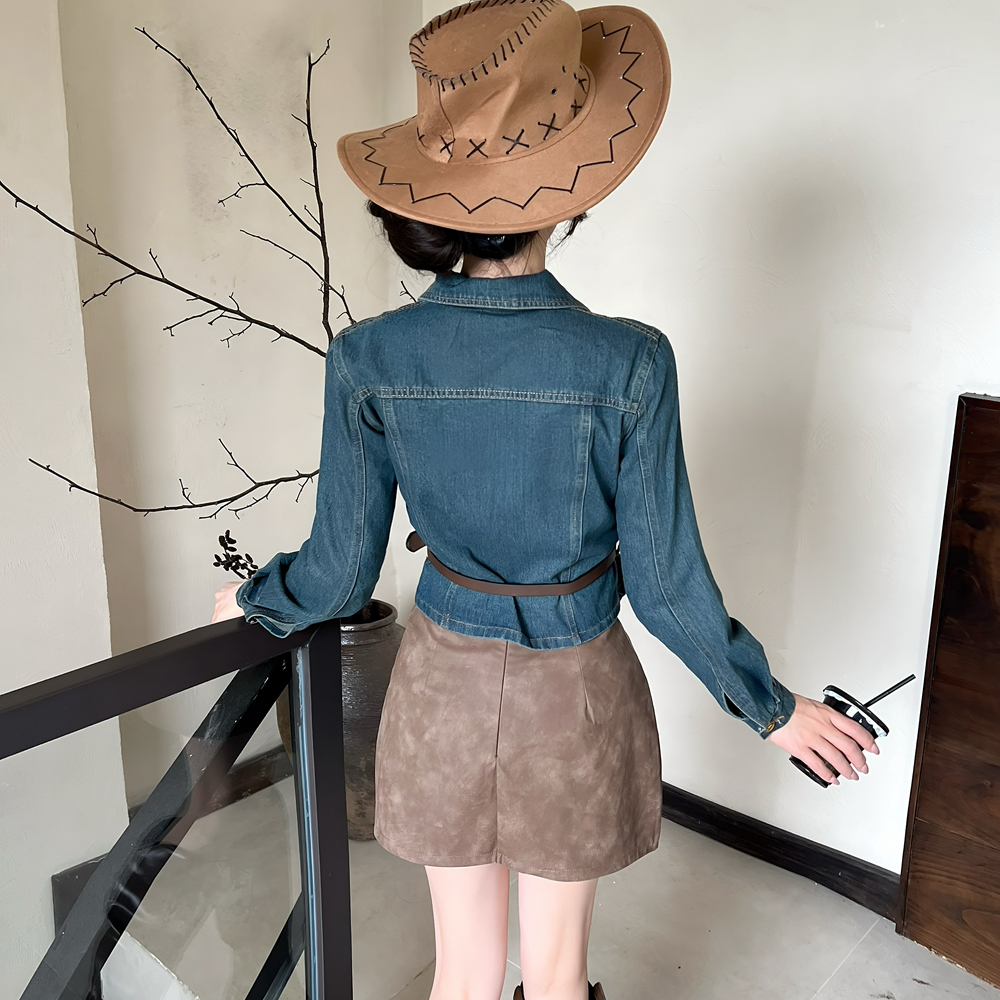 Denim lapel leather skirt gradient retro shirt a set