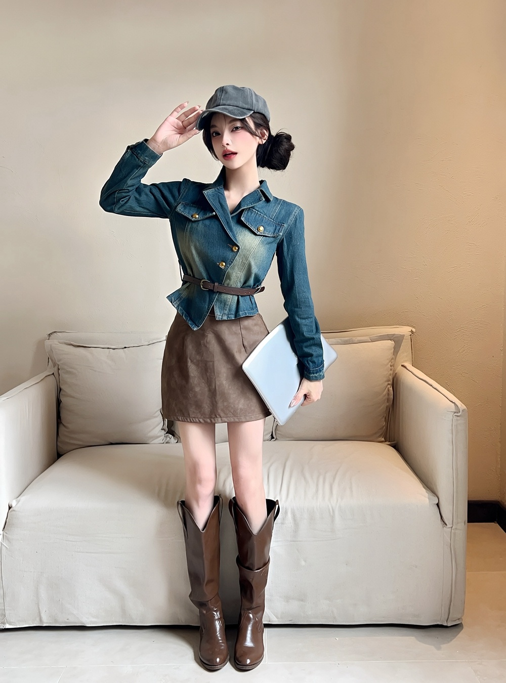 Denim lapel leather skirt gradient retro shirt a set
