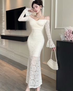 Pinched waist dress V-neck long dress for women
