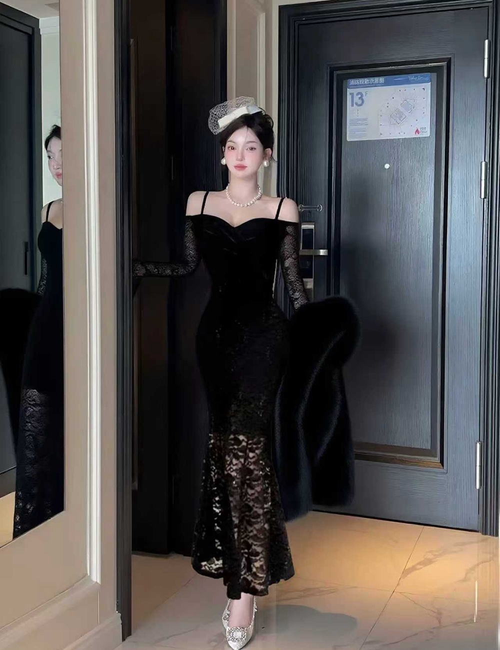 Pinched waist dress V-neck long dress for women
