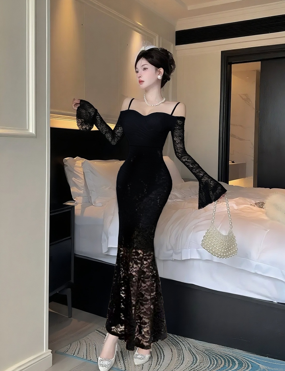 Pinched waist dress V-neck long dress for women