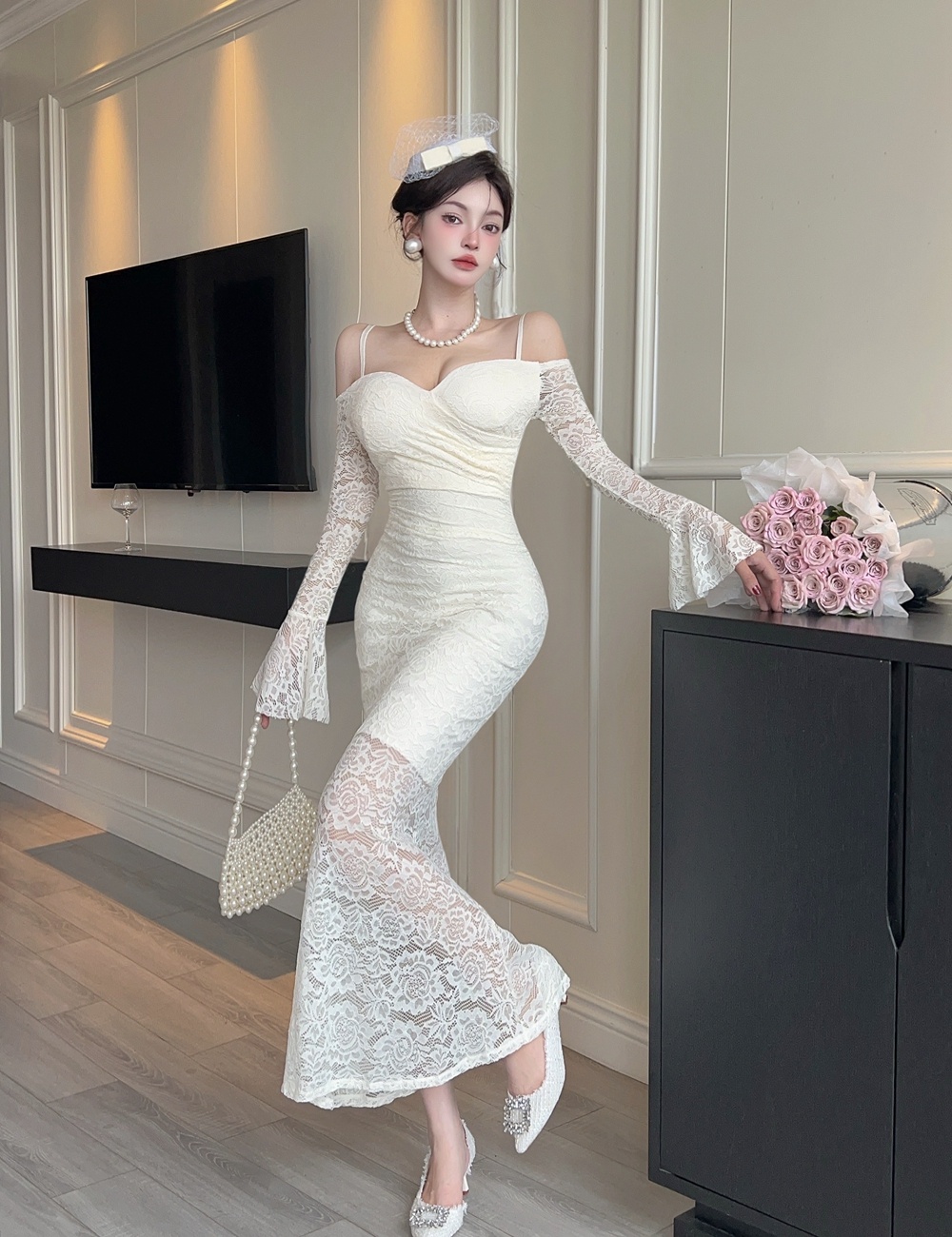 Pinched waist dress V-neck long dress for women
