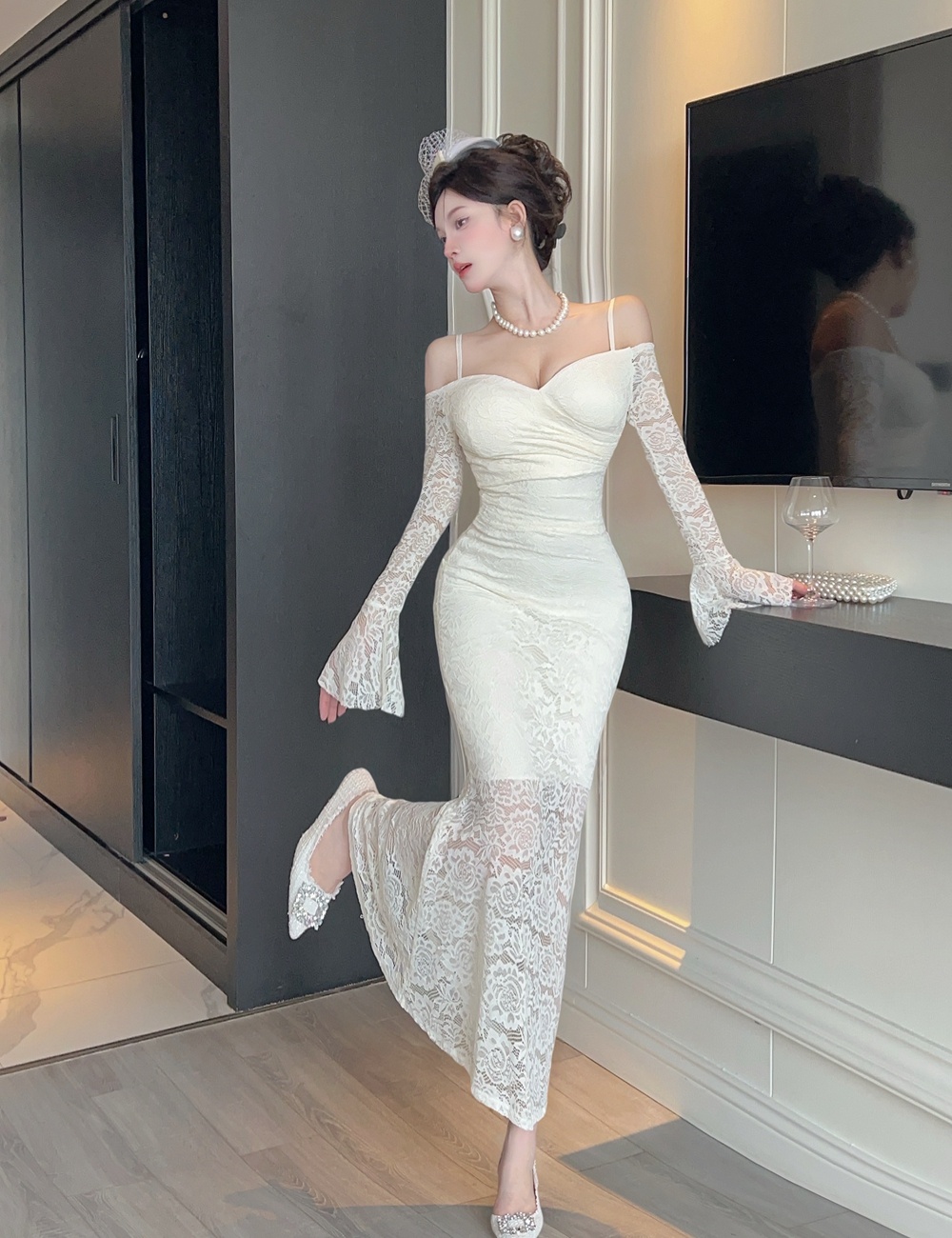 Pinched waist dress V-neck long dress for women