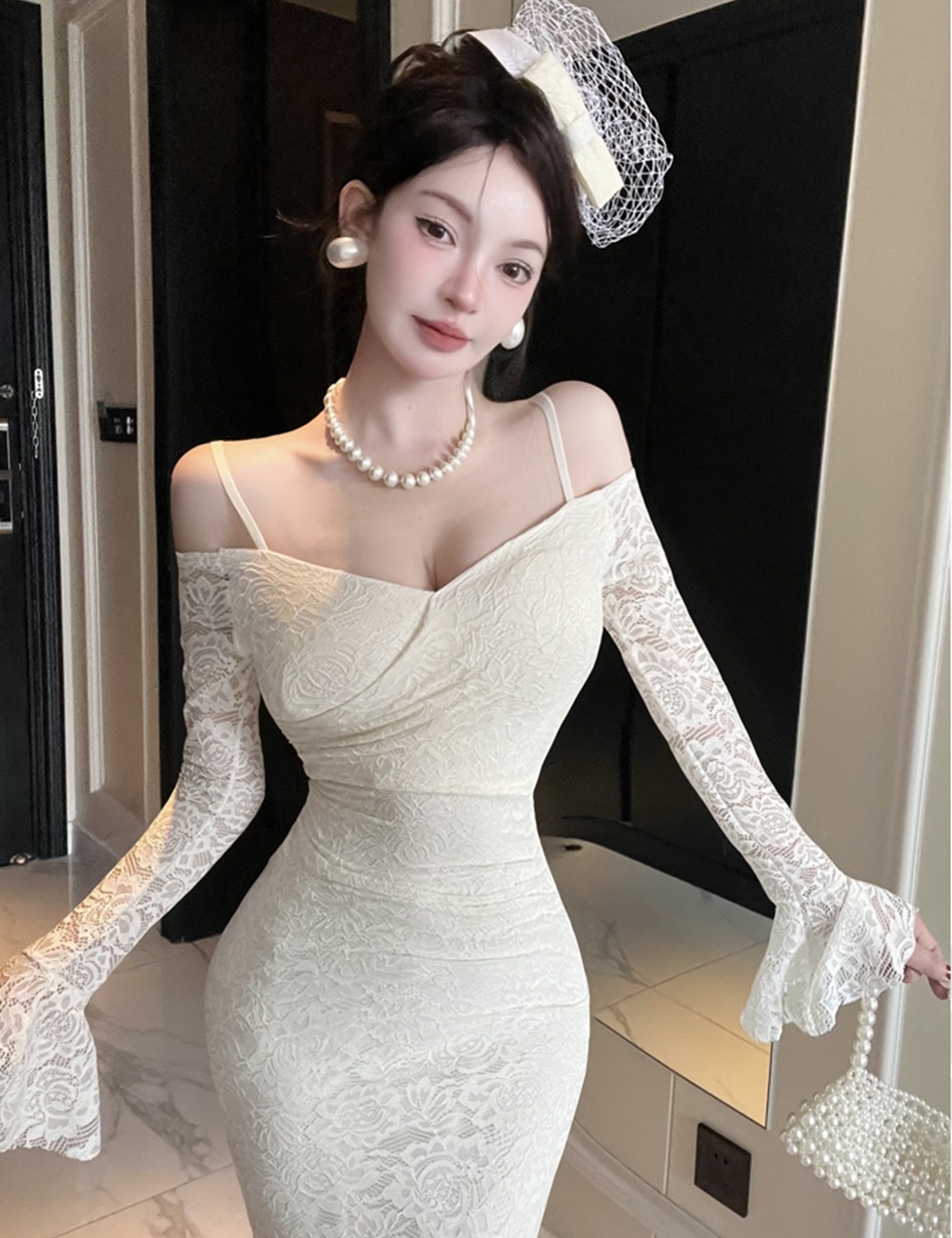 Pinched waist dress V-neck long dress for women