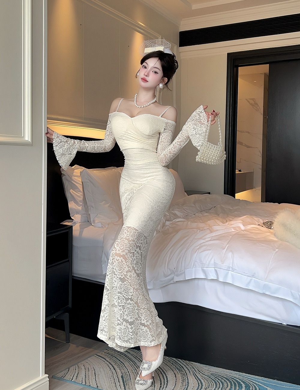 Pinched waist dress V-neck long dress for women