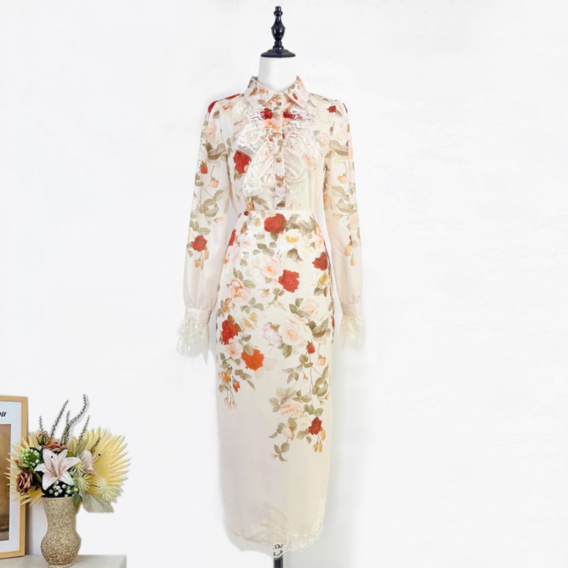 Pencil lace shirt retro printing skirt a set