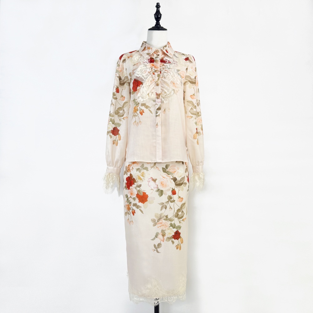 Pencil lace shirt retro printing skirt a set